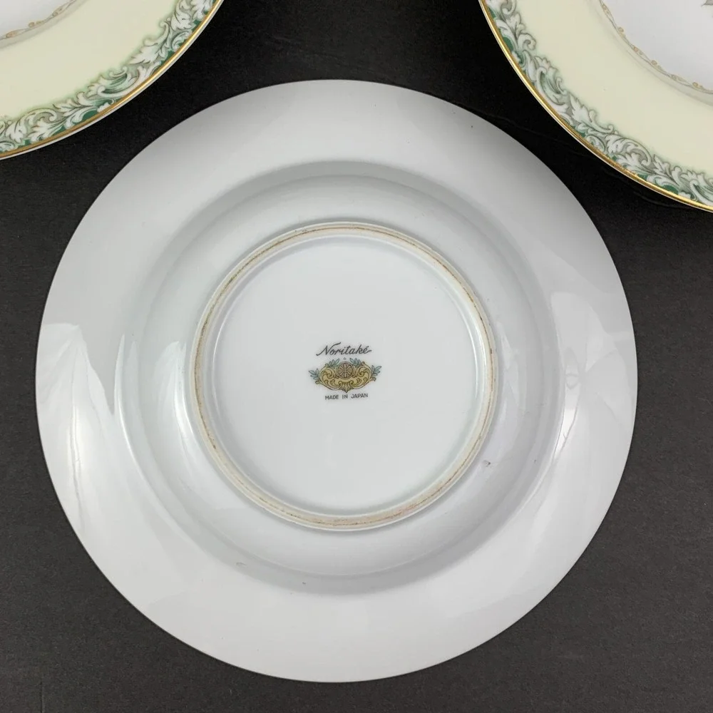 Noritake Mystery #14 Japan China Soup Bowls Green White Rose Gold Trim Set of 3